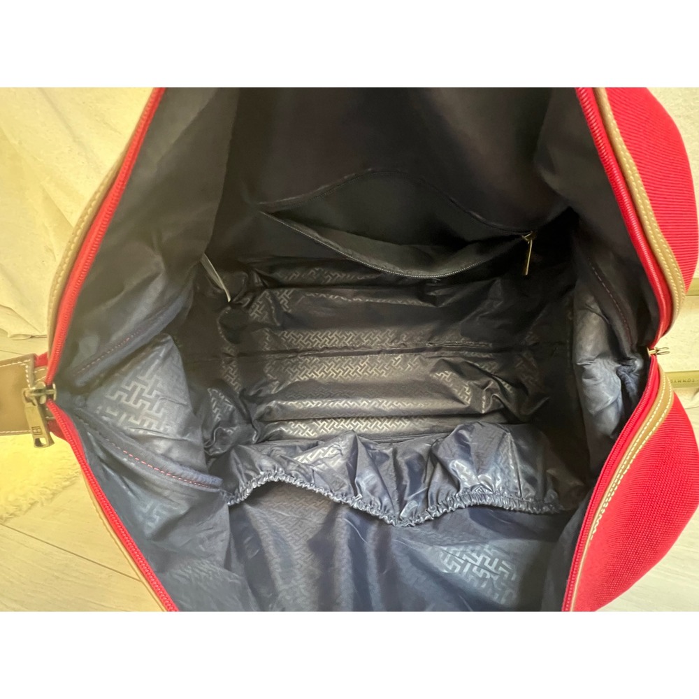 Tommy Hilfiger Rolling Duffel Red Canvas Logo Stripe Wheeled Travel Bag Nautical - Picture 7 of 7